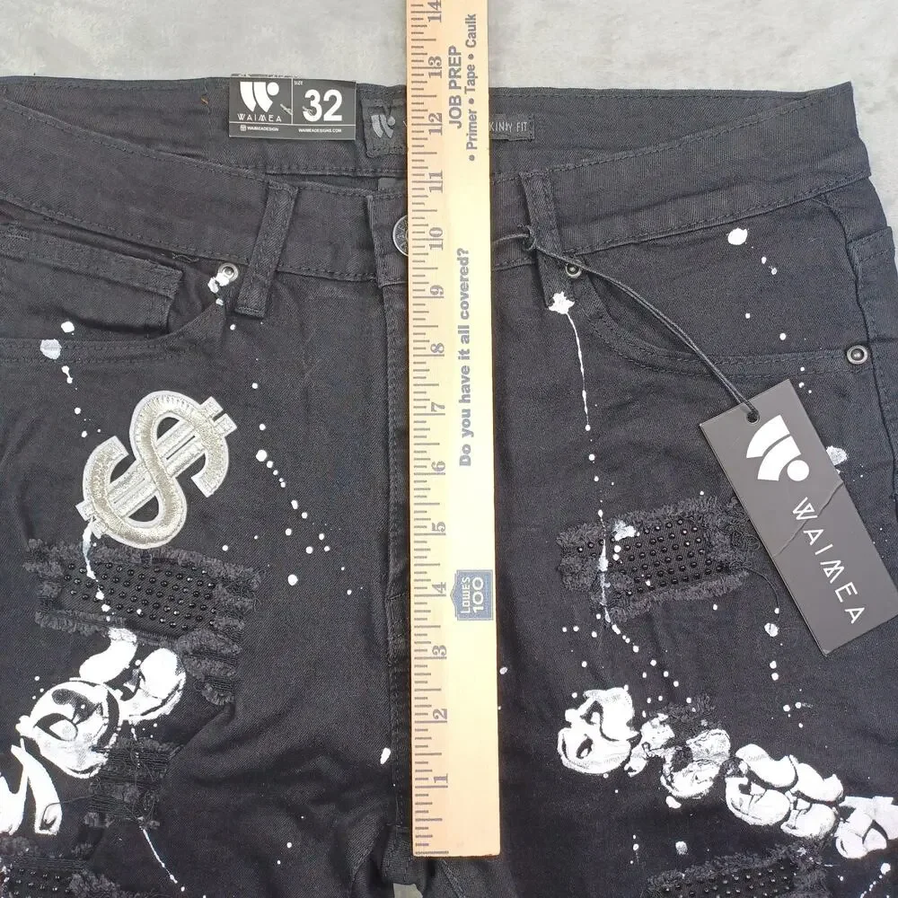 Waimea Black Skinny Fit Jean Shorts Men Size 32 Money Graffiti Paint Streetwear